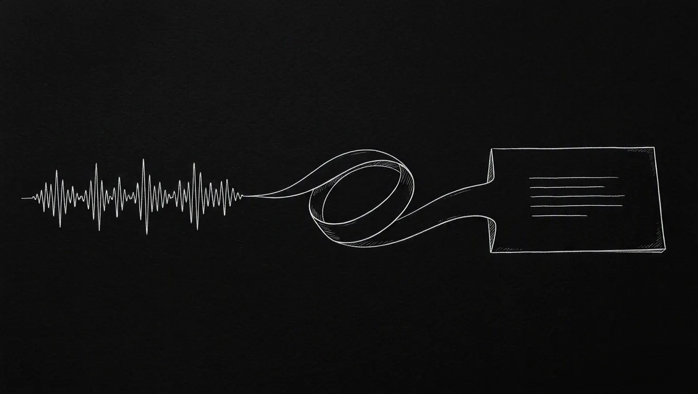 A white ink speech waveform forms a horizontal ribbon loop and becomes a rectangular text page on black paper