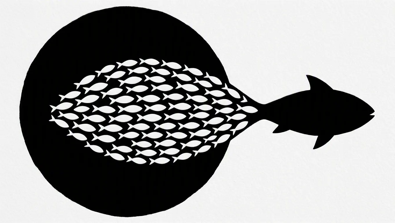 Small white fish form a larger fish that crosses a black circular boundary